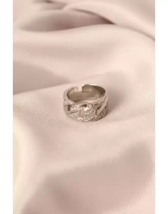 Gümüş Renk Metal Zirkon Taşlı Ayarlanabilir Kadın Yüzük