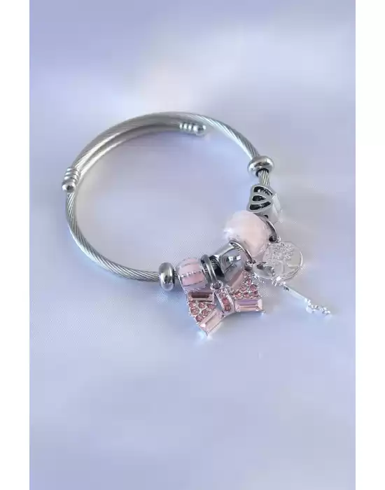 Gümüş Renk Pembe Boncuk Kurdele Model Zirkon Taşlı Charm Model Kadın Bileklik