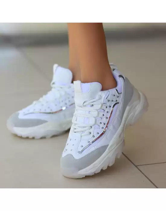 Jila Beyaz Cilt Bağcıklı Spor Ayakkabı