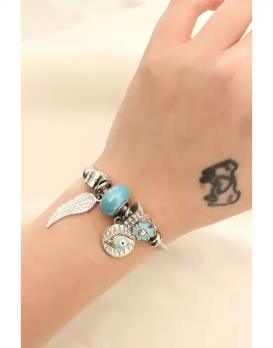 Kanat Ve Mavi Göz Figürlü Taşlı Charm Bilezik