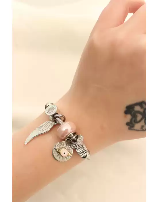 Kanat Ve Pembe Göz Figürlü Taşlı Charm Bilezik
