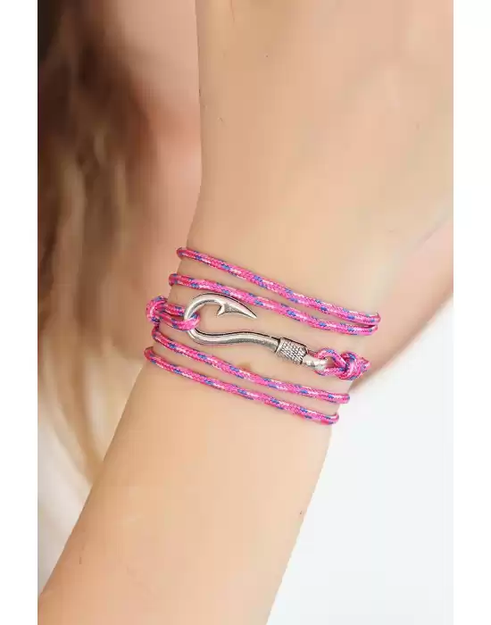Karışık Desenli Pembe Renk Gümüş Metal Kancalı Bayan Çoklu Bileklik