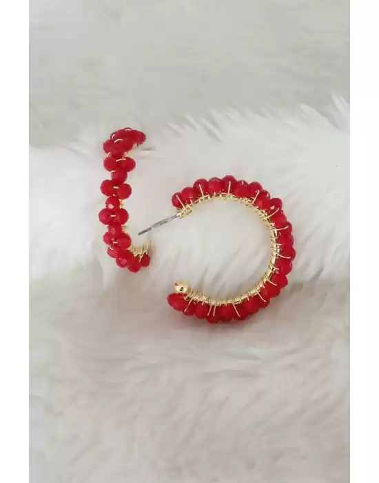 Kırmızı Renk Kristal Örme Boncuk Kadın Küpe