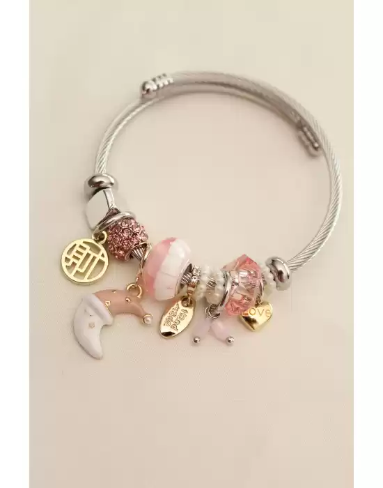 Mercan Renk Ay Model Taşlı Charm Bilezik