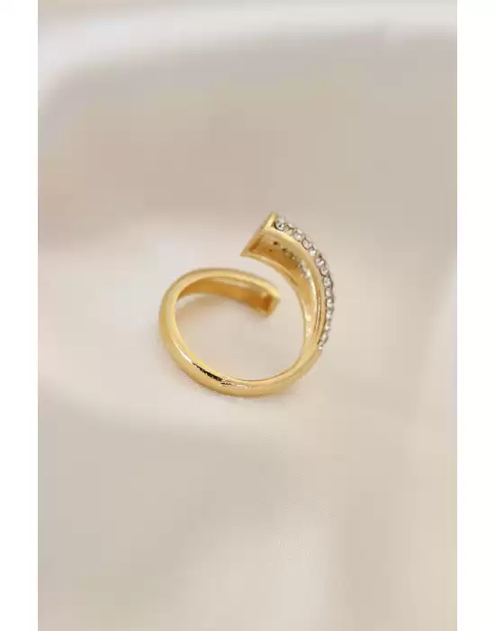 Önden Ayarlamalı Gold Renk Metal Zirkon Taşlı Yüzük