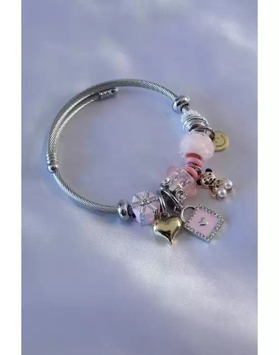 Pembe Çanta Figür Kalp İşleme Ayıcık Detay Zirkon Taşlı Charm Model Kadın Bileklik