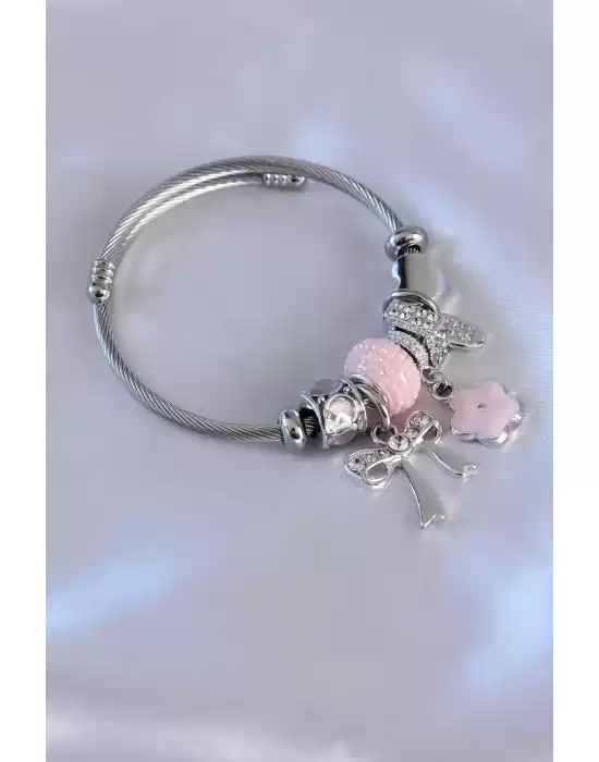 Pembe Çiçek Kurdele Figür Zirkon Taşlı Kadın Charm Model Kadın Bileklik
