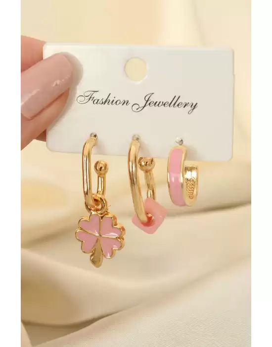 Pembe Mineli Yonca Model Küpe Seti