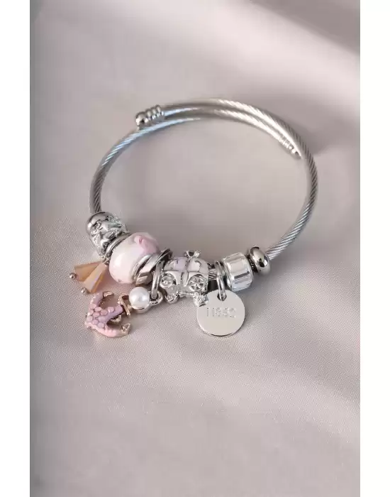 Pembe Renk Detaylı Çapa Figürlü Charm Bileklik