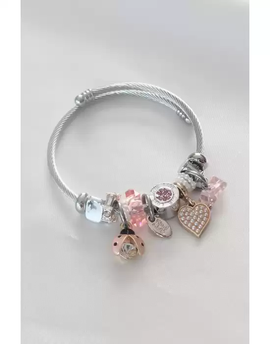 Pembe Renk Kalp Figür Uğur Böceği Detay Gümüş Renk Çelik Charm Kadın Bileklik