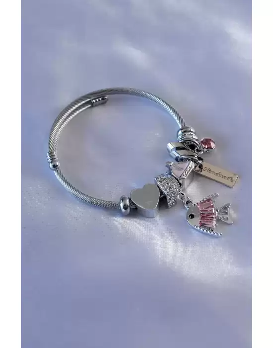 Pembe Renk Kristal Taşlı Balık Figür Kalp Detay Zirkon Taşlı Charm Model Kadın Bileklik