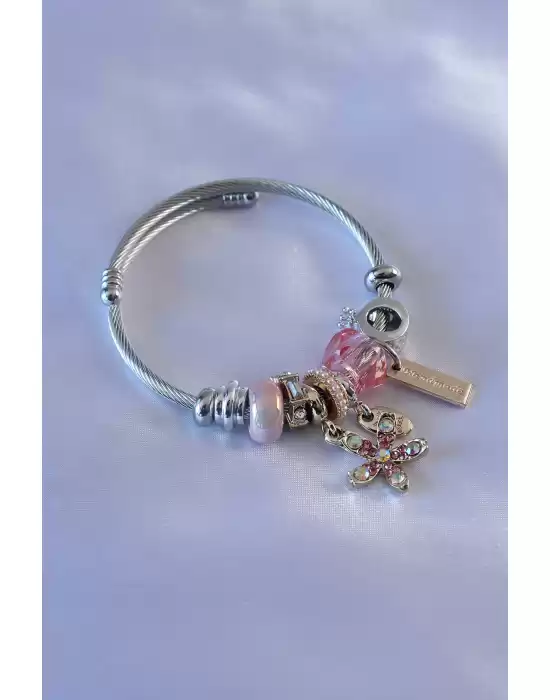 Pembe Renk Kristal Taşlı Çiçek Figür Zirkon Taşlı Charm Model Kadın Bilekelik