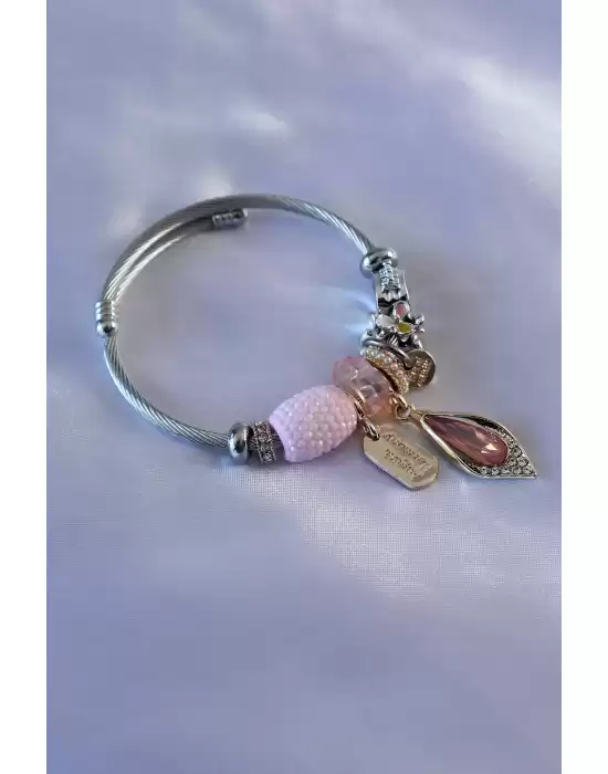 Pembe Renk Kristal Taşlı Yaprak Figür Zirkon Taşlı Charm Model Kadın Bileklik