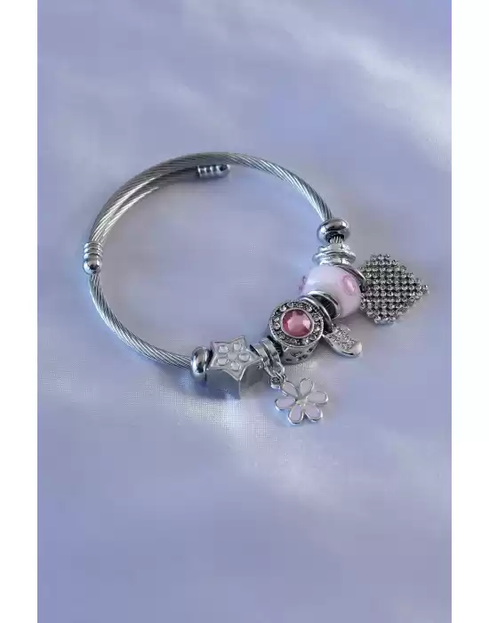 Pembe Renk Yıldız Model Zirkon Taşlı Kalp Figür Zirkon Taşlı Charm Model Kadın Bileklik