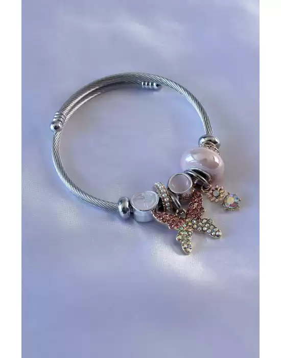 Pembe Renk Zirkon Taşlı Kelebek Figür Çiçek Detay Charm Model Kadın Bileklik