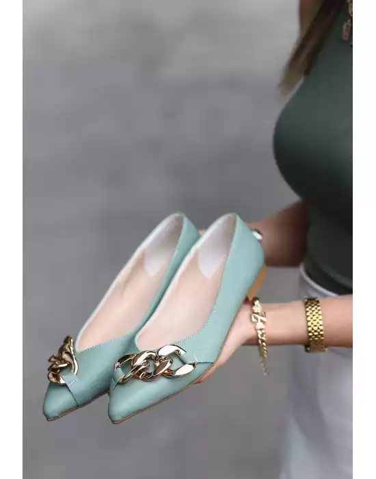 Popi Mint Yeşili Cilt Zincirli Babet Ayakkabı
