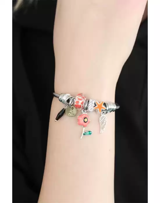Silver Renk Charm Model Çiçek Aksesuarlı Kararmaz Çelik Kadın Bileklik