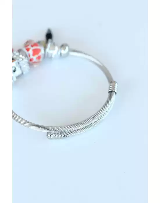 Silver Renk Charm Model Çiçek Aksesuarlı Kararmaz Çelik Kadın Bileklik