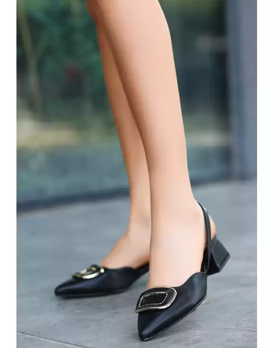 Tulya Siyah Cilt Topuklu Babet Ayakkabı