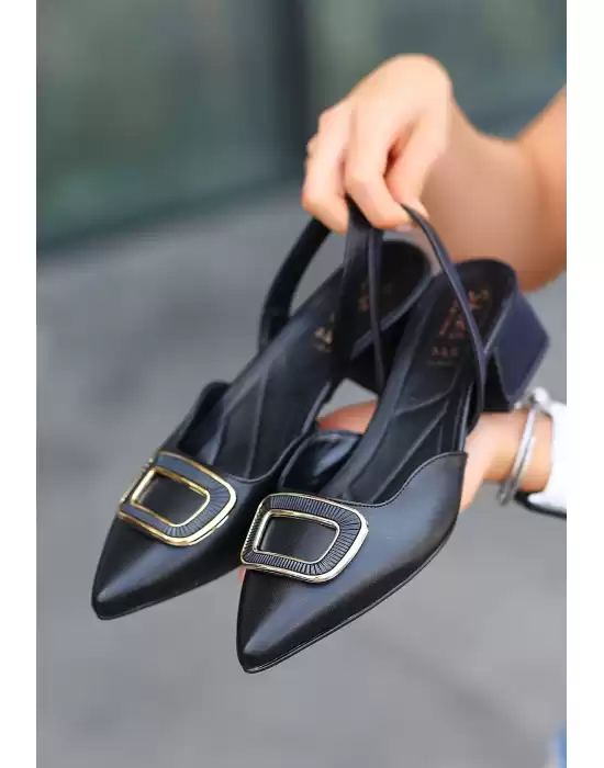 Tulya Siyah Cilt Topuklu Babet Ayakkabı