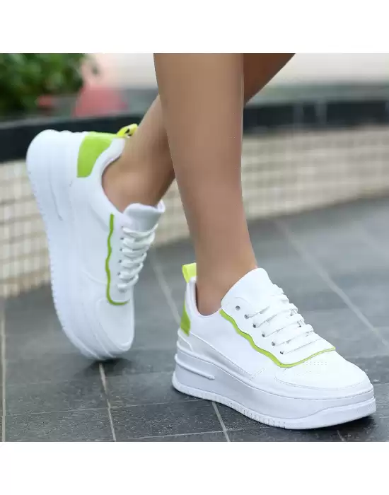 Wondio Beyaz Cilt Yeşil Detaylı Bağcıklı Spor Ayakkabı