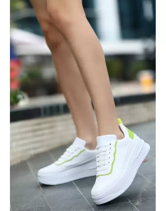 Wondio Beyaz Cilt Yeşil Detaylı Bağcıklı Spor Ayakkabı