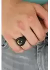 Ay Yıldız Figürlü Siyah Renk Metal Ayarlamalı Erkek Yüzük