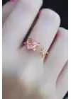 Gold Renk Pembe Zirkon Taş Kalp Yıldız Detay Pirinç Kadın Yüzük