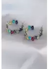 Gümüş Renk Karışık Renk Zirkon Taşlı Yarım Halka Model Kadın Küpe