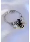 Gümüş Siyah Renk Kedi Figür Zirkon Taş Detay Charm Kadın Bileklik