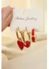 Kırmızı Mineli Kalp Model Küpe Seti