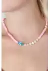 Pembe Boncuk Nazar Boncuk Figür İnci Kalp Detay Kadın Kolye
