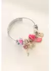 Pembe Renk Gold Renk Anahtar Figür Dudak Detay Çelik Charm Kadın Bileklik