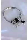 Siyah Çiçek Kurdele Figür Zirkon Taşlı Charm Model Kadın Bileklik