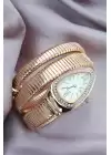 Yeni Sezon Roma Rakamlı Gold Renk Beyaz Kadran Taşlı Yılan Model Kadın Saat
