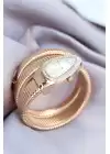 Yeni Sezon Roma Rakamlı Gold Renk Beyaz Kadran Taşlı Yılan Model Kadın Saat