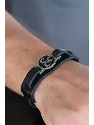 3 Hilal Siyah Renk Deri Erkek Bileklik