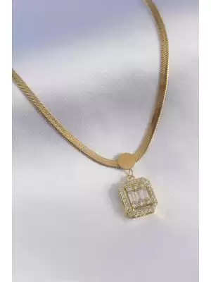 316l Çelik Gold Renk İtalyan Zincir Model Baget Zirkon Taşlı Kadın Kolye
