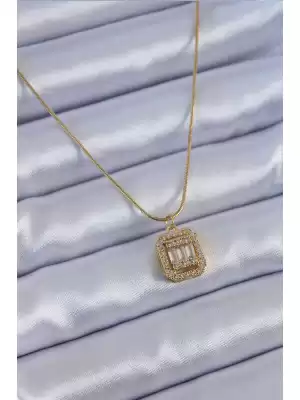316l Çelik Gold Renk Kare Zirkon Taş Model Kadın Kolye