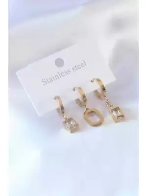 316l Çelik Gold Renk Kare Zirkon Taş Model Kadın Küpe