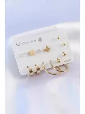 316l Çelik Gold Renk Kelebek Figür Zirkon Taşlı 6 Çift Kadın Küpe