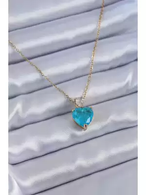 316l Çelik Gold Renk Mavi Kristal Taş Kalp Model Kadın Kolye