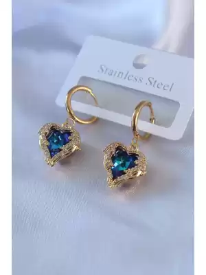 316l Çelik Gold Renk Mavi Kristal Taş Kalp Model Zirkon Taşlı Kadın Küpe