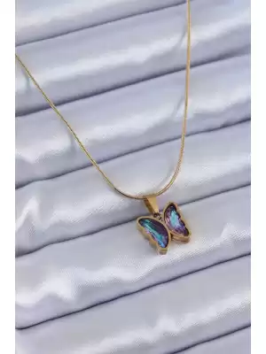 316l Çelik Gold Renk Mor Kristal Taşlı Kelebek Model Kadın Kolye