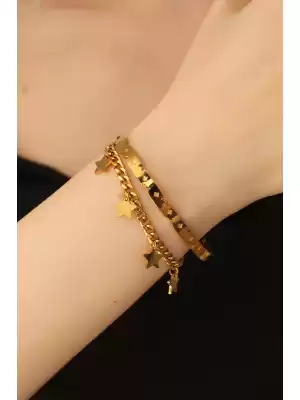 316l Çelik Gold Renk Yıldız Detay 2li Kelepçe Bilezik