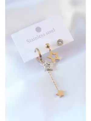 316l Çelik Gold Renk Yıldız Model Zirkon Taşlı Kadın Küpe