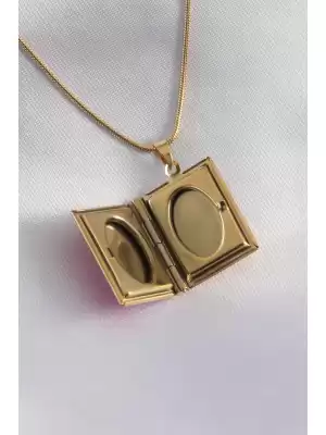 316l Çelik Gold Renk Zincir Açılır Pembe Kapaklı Fotoğraf Koyulabilen Kadın Kolye