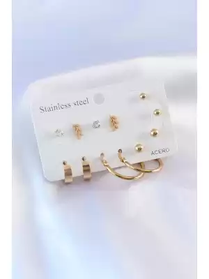 316l Çelik Gold Renk Zirkon Taşlı 6 Çift Kadın Küpe