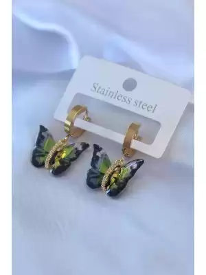 316l Çelik Gold Zirkon Taşlı Siyah Kelebek Model Kadın Küpe