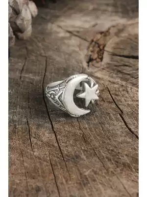 Antik Gümüş Renk Ay Yıldız Model Ayarlanabilir Erkek Yüzük